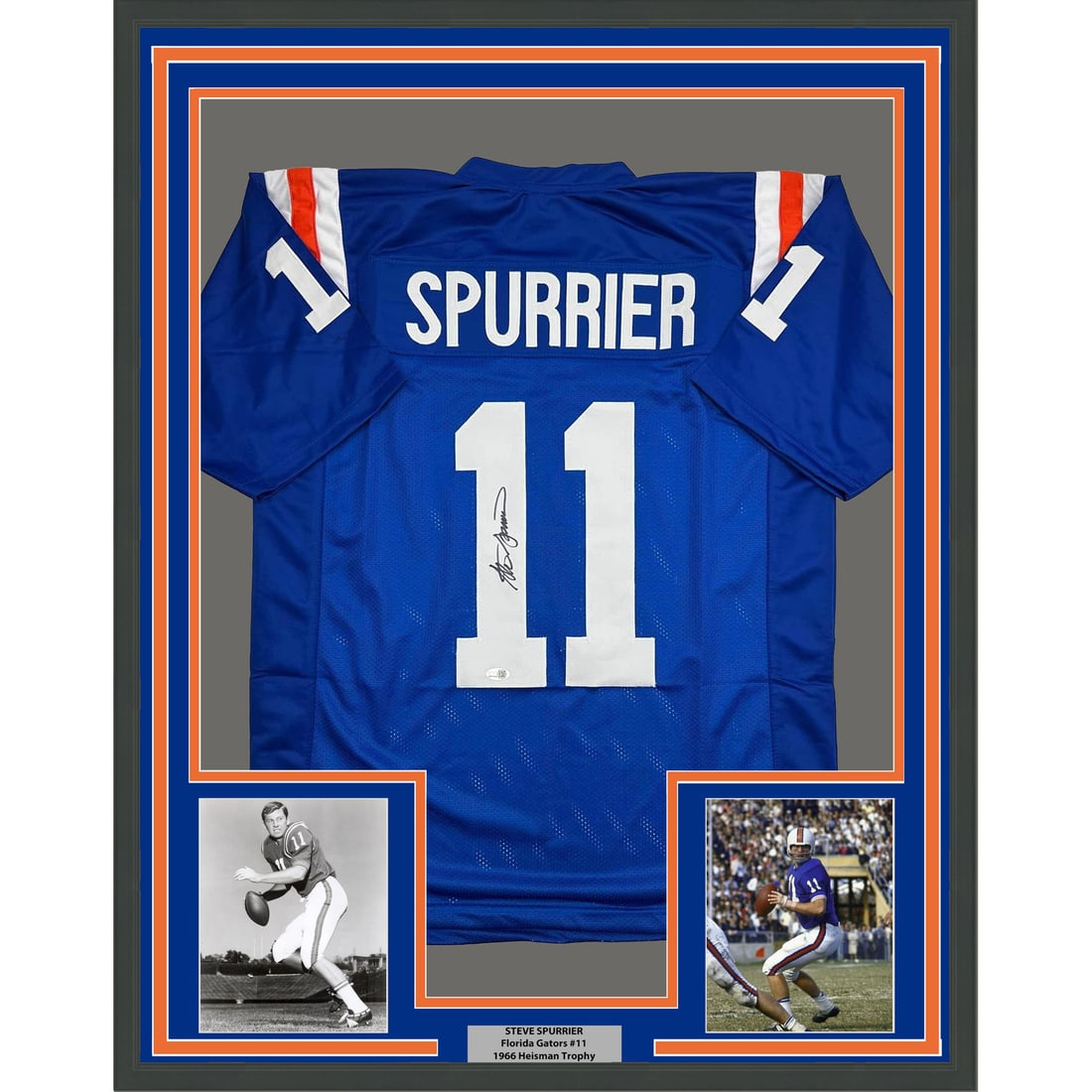 Steve Spurrier Signed Florida Gators Jersey Framed 35x39 With JSA Authentication: Steve Spurrier Signed Florida Gators Jersey Framed 35x39 With JSA Authentication This professionally framed Florida Gators blue jersey is autographed by Steve Spurrier and authenticated by James Spenc