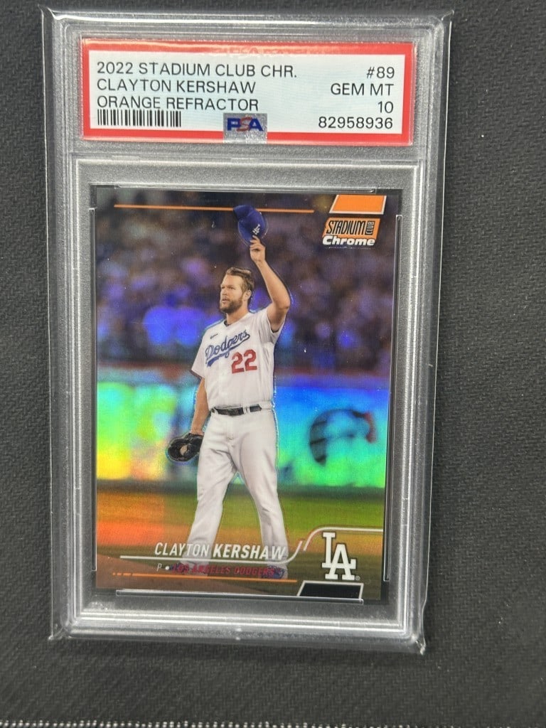 Clayton Kershaw 2022 Stadium Club Chrome Orange Card PSA 10 #89: Clayton Kershaw 2022 Stadium Club Chrome Orange Card PSA 10 #89 This is a Clayton Kershaw 2022 Stadium Club Chrome Orange Baseball Card, graded PSA 10, making it a top-tier collectible for fans and co