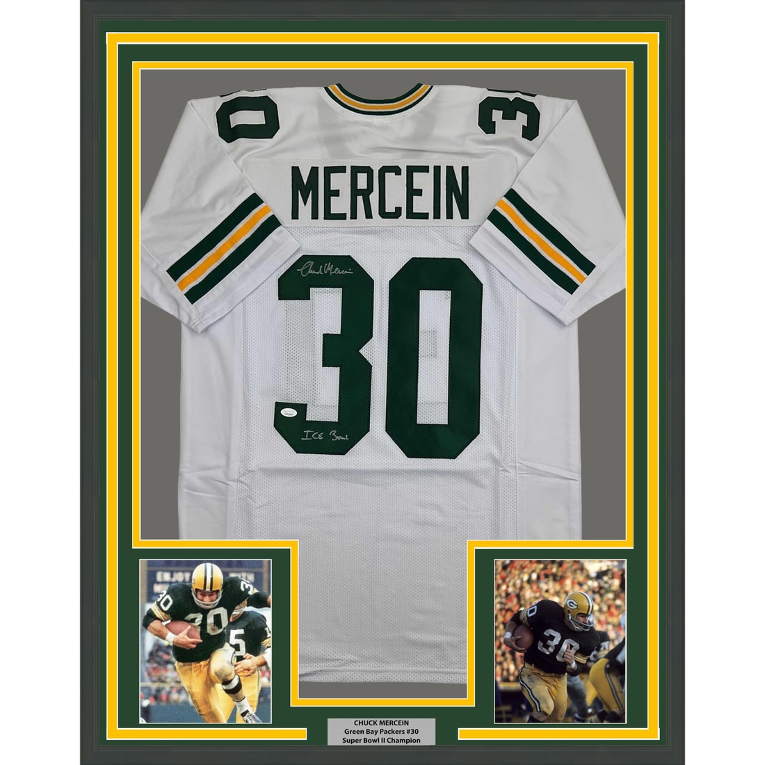 Chuck Mercein Signed Green Bay Jersey Framed Display with JSA COA 35x39: Chuck Mercein Signed Green Bay Jersey Framed Display with JSA COA 35x39 This professionally framed and matted display features a Green Bay Packers white jersey autographed by Chuck Mercein. The presen
