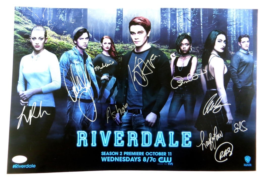 Riverdale Cast Signed 12x18 Poster with 10 Autographs JSA: Riverdale Cast Signed 12x18 Poster with 10 Autographs JSA This original 12x18 poster features the signed autographs of the Riverdale cast, including KJ Apa, Lili Reinhart, Cole Sprouse, Madelaine Pets
