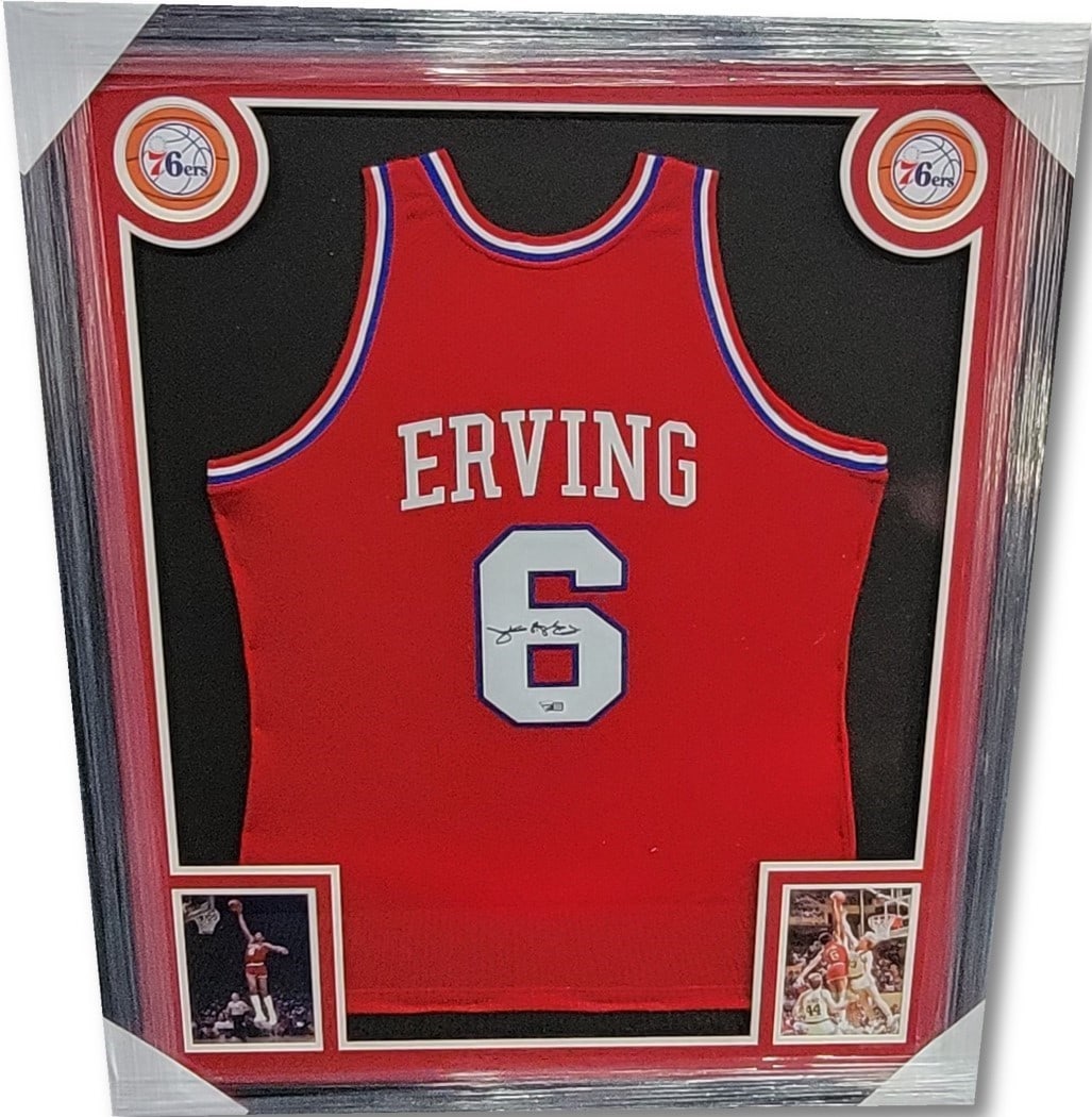 Julius Erving Signed 35x43 Framed Jersey Philadelphia 76ers Fanatics Authenticated: Julius Erving Signed 35x43 Framed Jersey Philadelphia 76ers Fanatics Authenticated Celebrate the legacy of basketball legend Julius Erving with this stunning autographed jersey. This original Philadel