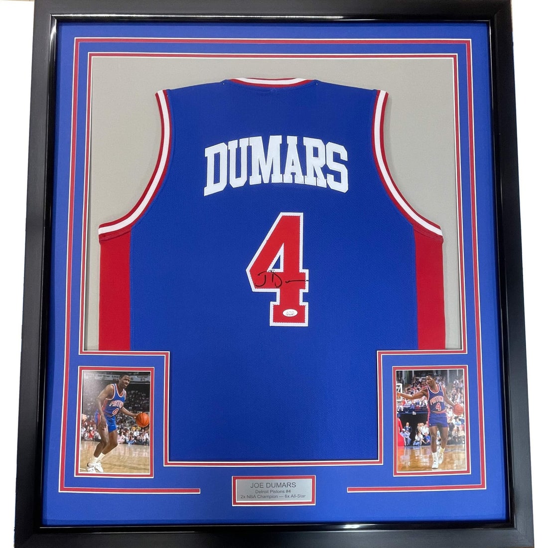 Framed Signed Joe Dumars Detroit Pistons Jersey with JSA COA: Framed Signed Joe Dumars Detroit Pistons Jersey with JSA COA Celebrate the legacy of NBA star Joe Dumars with this stunning framed autographed Detroit Pistons jersey. This authentic blue jersey is bea
