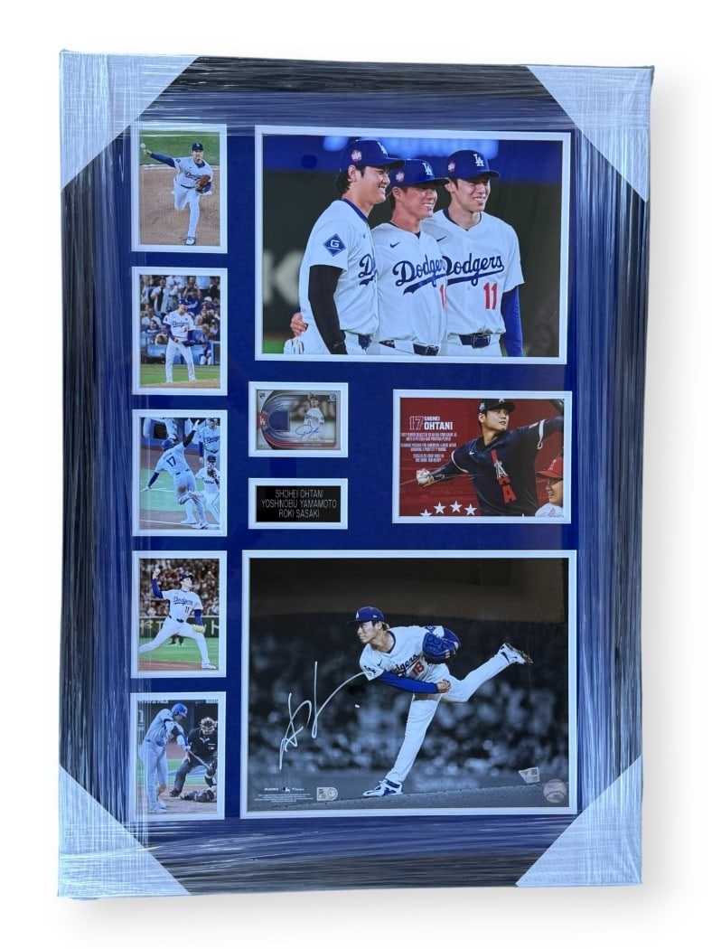Shohei Ohtani Yamamoto Sasaki Autographed Collage Framed Dodgers PSA Authenticated: Shohei Ohtani Yamamoto Sasaki Autographed Collage Framed Dodgers PSA Authenticated This stunning autographed collage features the signatures of three prominent baseball players: Shohei Ohtani, Yoshino