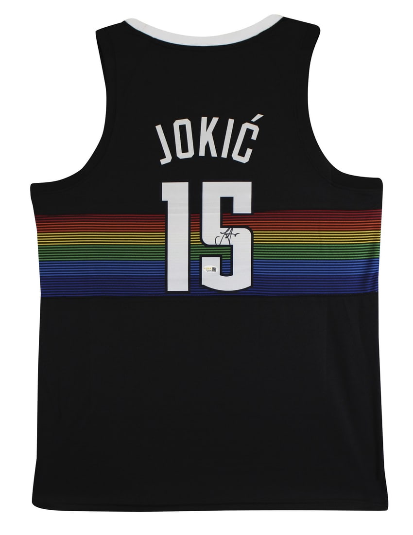 Nikola Jokic Signed Black Pro Style Jersey with JSA Authentication: Nikola Jokic Signed Black Pro Style Jersey with JSA Authentication This authentic black throwback pro style jersey has been personally autographed by Nikola Jokic of the Denver Nuggets. The jersey fea