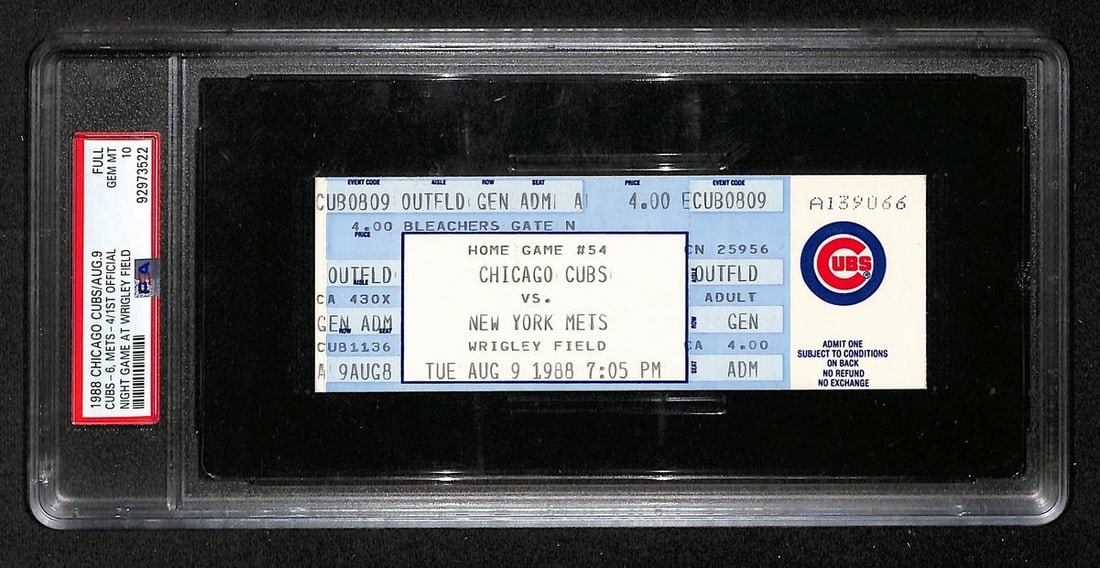 PSA 10 Full Ticket First Wrigley Field Night Game Cubs vs Mets 1988: PSA 10 Full Ticket First Wrigley Field Night Game Cubs vs Mets 1988 This is an original full ticket from August 9, 1988, marking the first official night game at Wrigley Field, where the Chicago Cubs