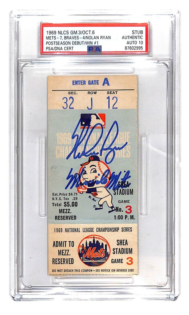 Nolan Ryan Signed 1969 NLCS Game 3 Ticket PSA 10 Authentic: Nolan Ryan Signed 1969 NLCS Game 3 Ticket PSA 10 Authentic This is an original ticket stub from the 1969 NLCS Game 3, personally autographed by legendary baseball player Nolan Ryan. The authenticity o