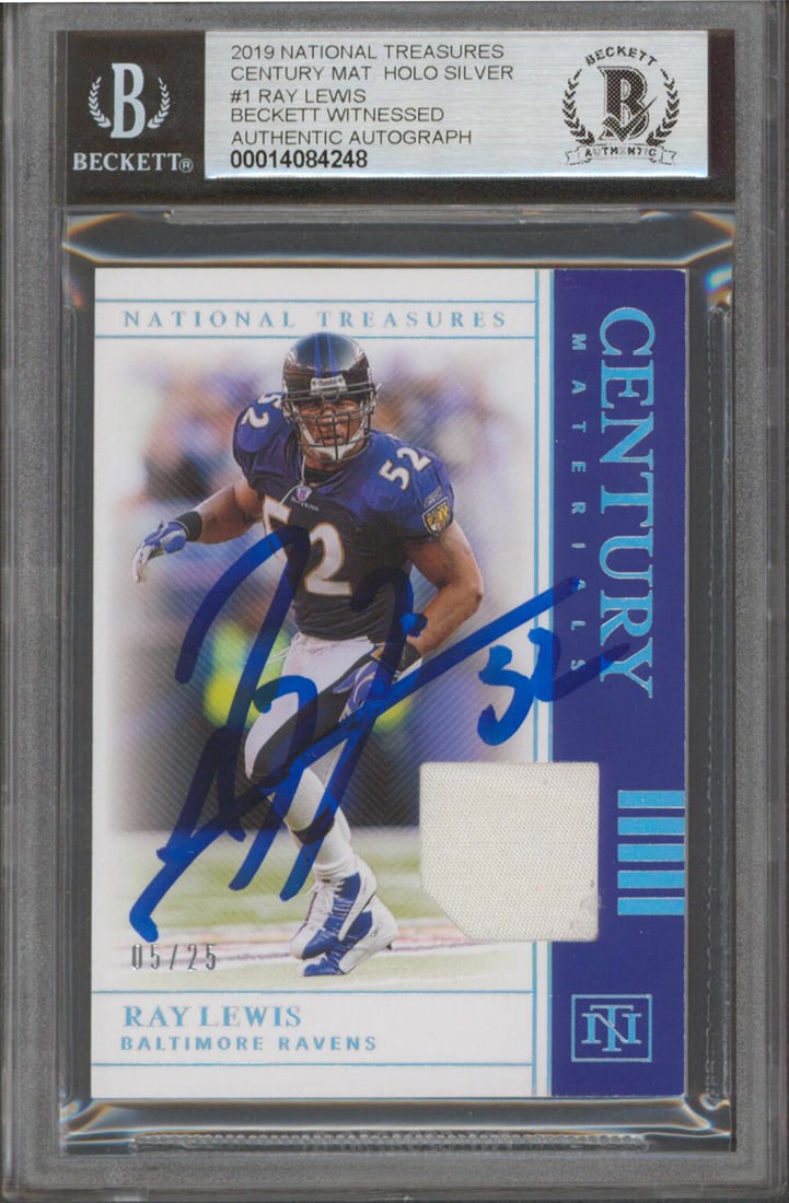 Ray Lewis Autographed 2019 National Treasures Silver #1 5/25 Card Gem Mint 10 BAS: Ray Lewis Autographed 2019 National Treasures Silver #1 5/25 Card Gem Mint 10 BAS This remarkable 2019 National Treasures Century Mat Holo Silver #1 5/25 card features the iconic Ray Lewis, personally
