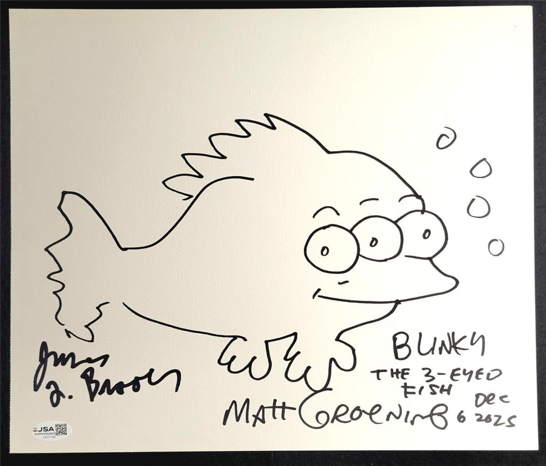 Matt Groening James L Brooks Signed The Simpsons Blinky Fish Sketch JSA: Matt Groening James L Brooks Signed The Simpsons Blinky Fish Sketch JSA This original sketch features Blinky, the three-eyed fish from The Simpsons, and is signed by notable creators Matt Groening and
