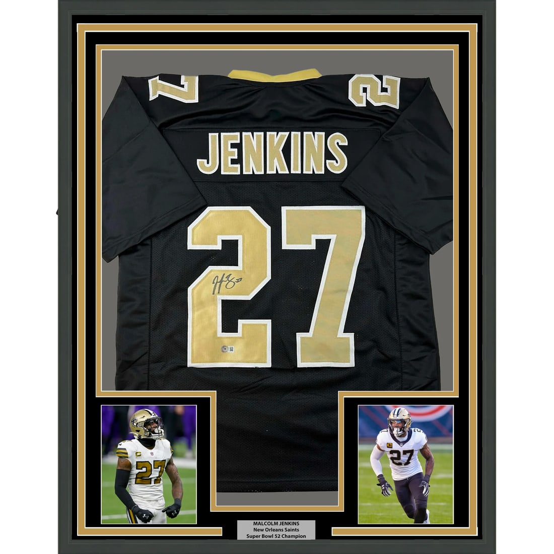 Framed Malcolm Jenkins Autographed NFL Jersey with BAS COA: Framed Malcolm Jenkins Autographed NFL Jersey with BAS COA This professionally framed and matted 33x42 black football jersey, autographed by Malcolm Jenkins, is a stunning tribute to the NFL star. The