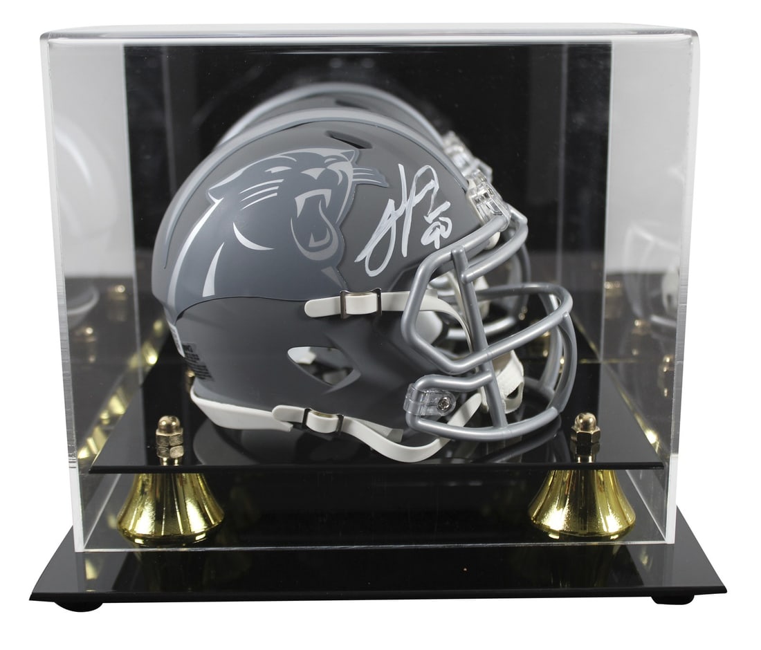 Julius Peppers Signed Carolina Panthers Mini Helmet with Beckett Authentication: Julius Peppers Signed Carolina Panthers Mini Helmet with Beckett Authentication This autographed alternate slate speed mini helmet is a remarkable collectible for fans of Julius Peppers and the Caroli