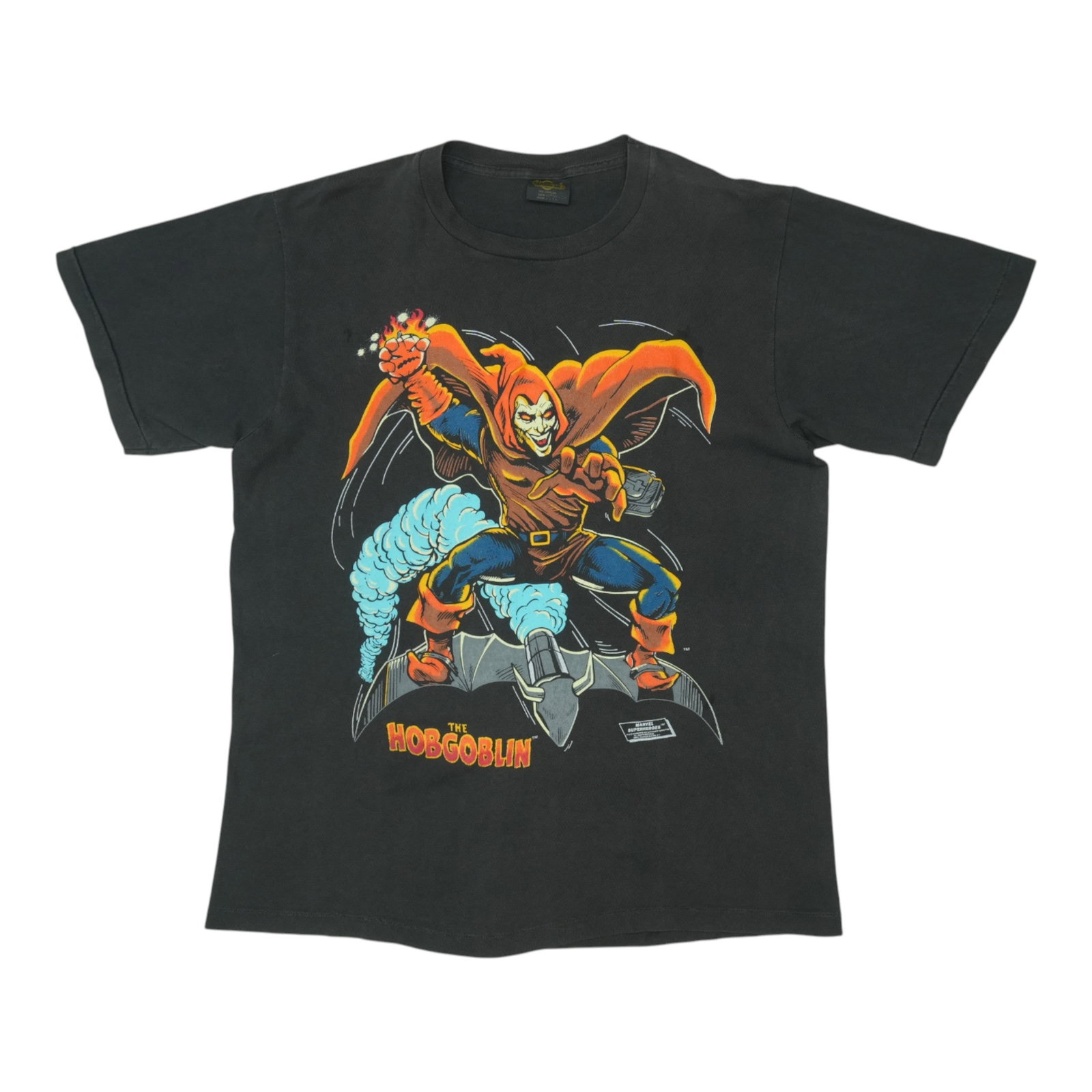 Vintage 1990s Marvel Hobgoblin Black Cotton T Shirt Size Large: Vintage 1990s Marvel Hobgoblin Black Cotton T Shirt Size Large This is an original vintage 1990s Hobgoblin Marvel shirt, not a modern reproduction. The shirt is made from 100% cotton and features a bl