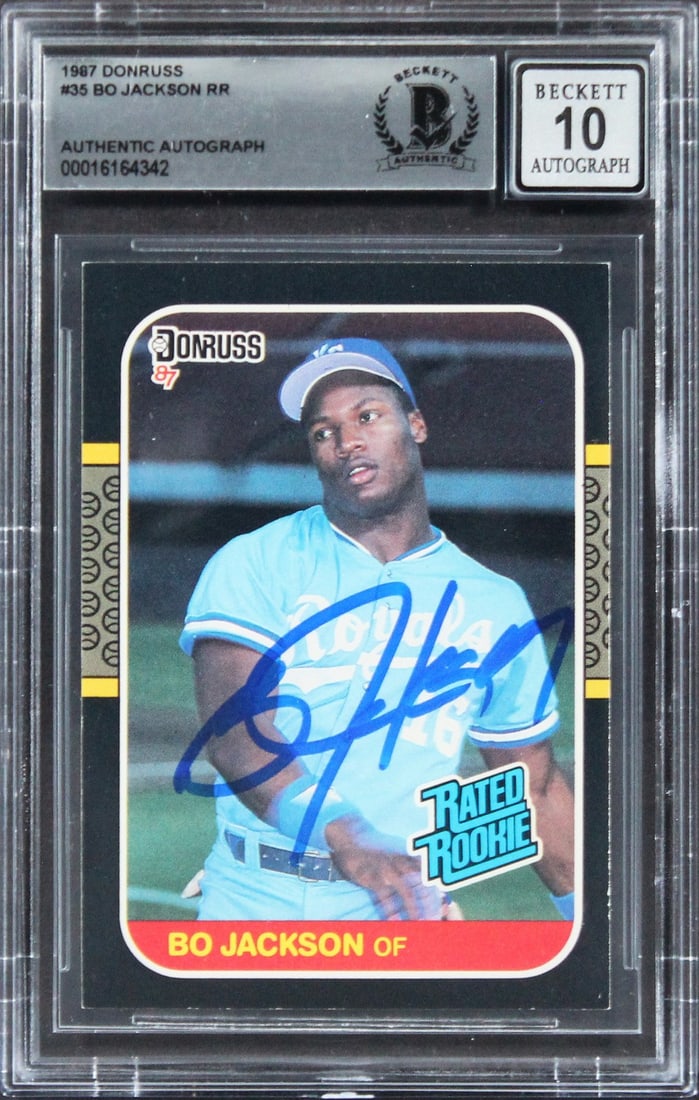 Bo Jackson Signed 1987 Donruss Rated Rookie Card Gem Mint 10 Beckett: Bo Jackson Signed 1987 Donruss Rated Rookie Card Gem Mint 10 Beckett This is a remarkable 1987 Donruss #35 Rated Rookie Card featuring the iconic Bo Jackson, personally signed by the athlete himself.