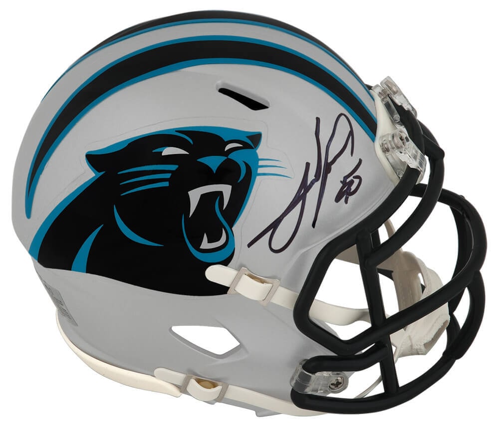 Julius Peppers Signed Carolina Panthers Mini Helmet with COA: Julius Peppers Signed Carolina Panthers Mini Helmet with COA This Carolina Panthers Riddell Speed Mini Helmet is a remarkable collectible, signed by NFL legend Julius Peppers. Recognized for his outst