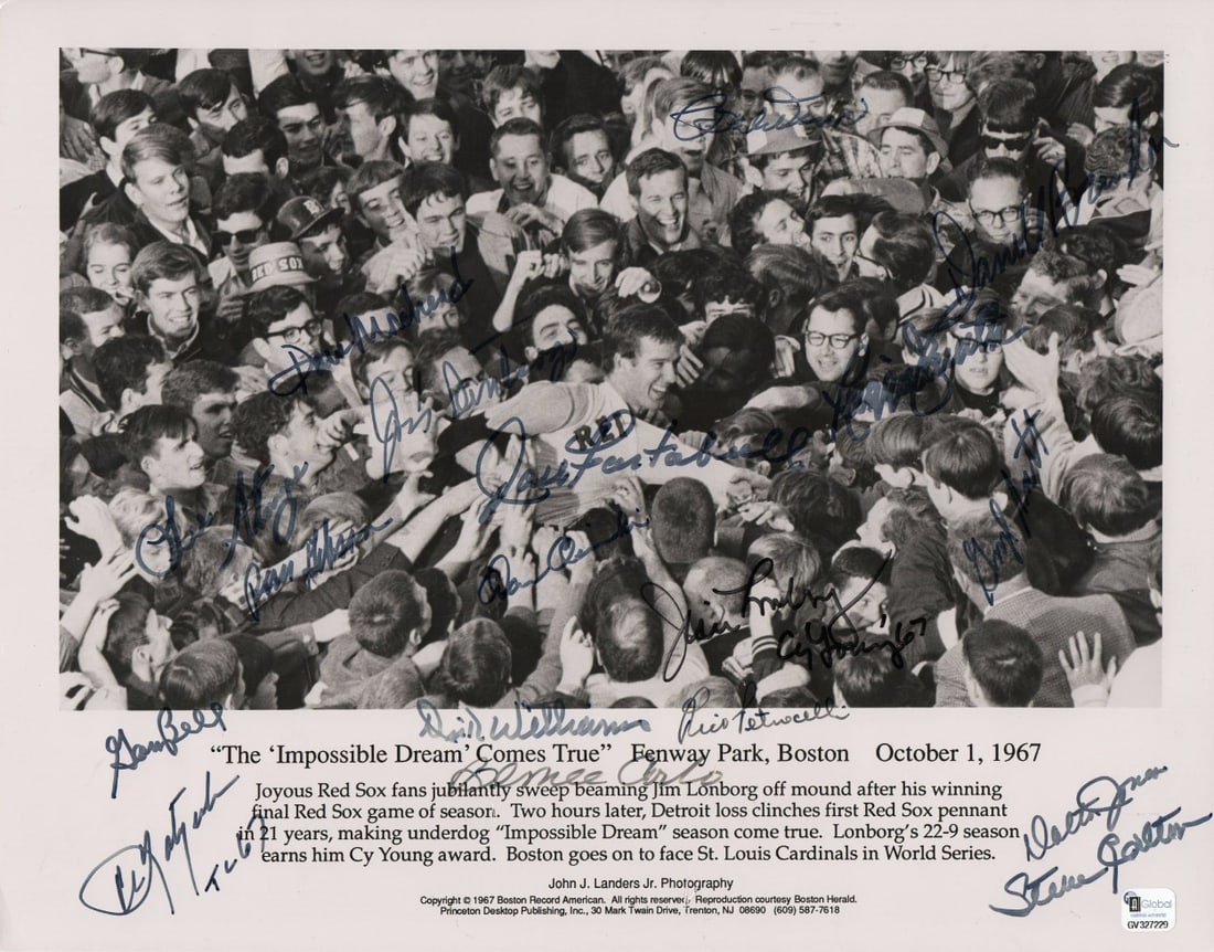 1967 Boston Red Sox Team Signed 11x14 Photo Beckett Authenticated: 1967 Boston Red Sox Team Signed 11x14 Photo Beckett Authenticated This original 11X14 photo features the 1967 Boston Red Sox team and is autographed by notable players including Carl Yastrzemski, Bobb