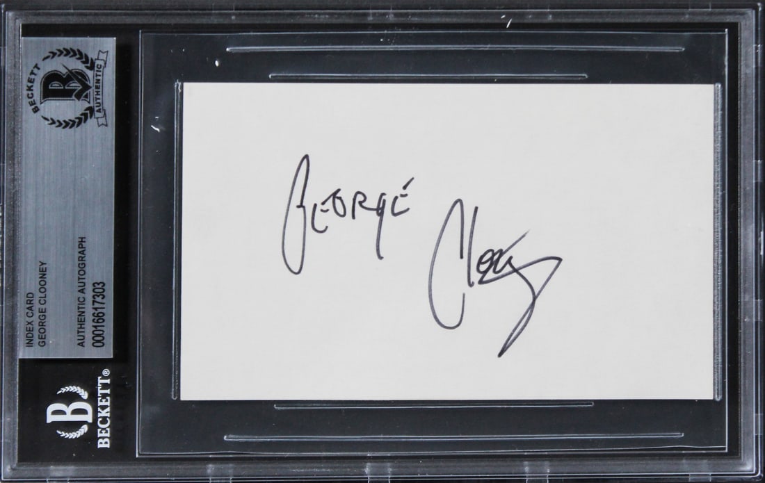 George Clooney Signed Ocean's 11 3x5 Index Card Beckett Authenticated: George Clooney Signed Ocean's 11 3x5 Index Card Beckett Authenticated This authentic 3x5 index card has been personally signed by George Clooney, renowned for his role in Ocean's 11. The item is slabb