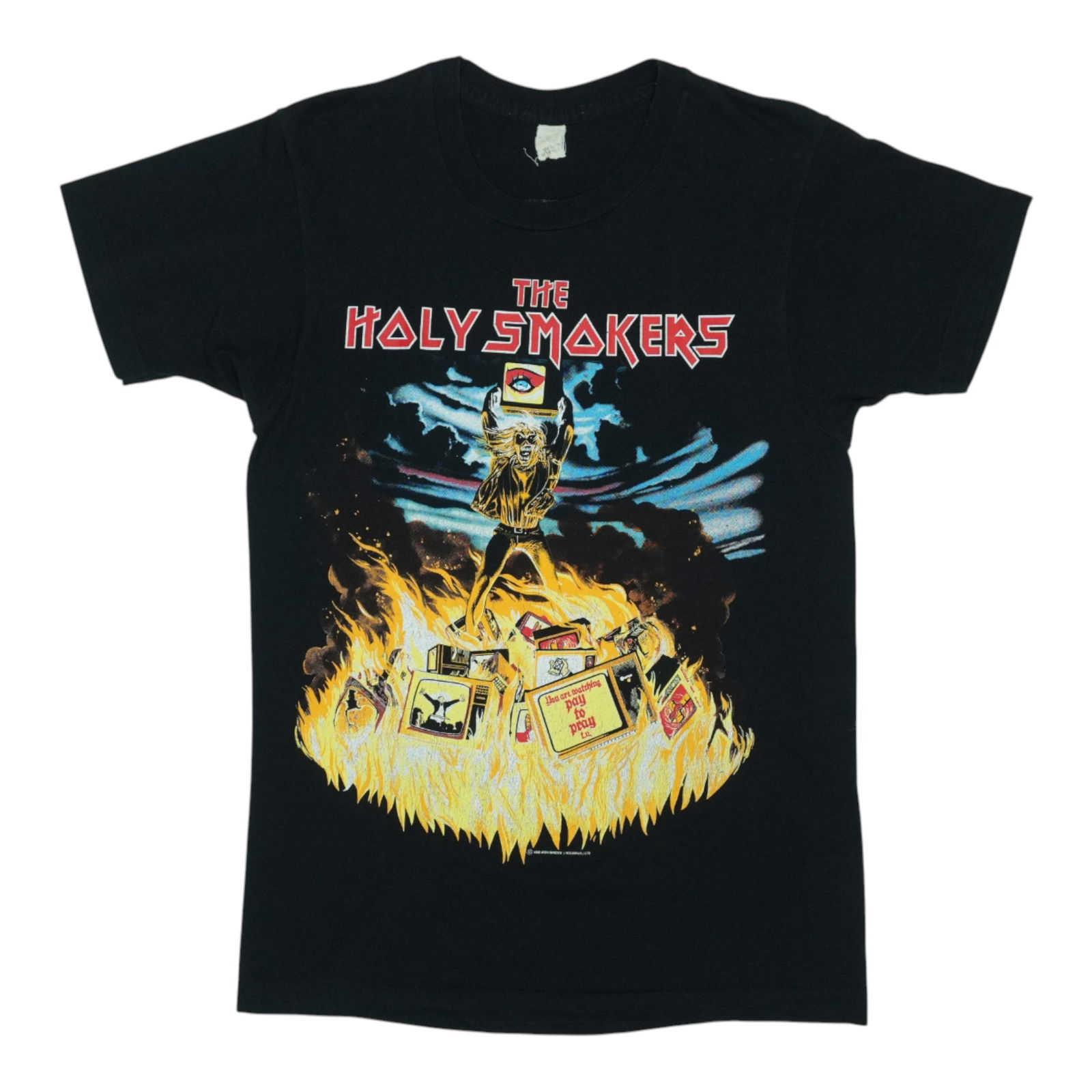 Vintage 1990 Iron Maiden Holy Smokers Black Concert T-Shirt Large: Vintage 1990 Iron Maiden Holy Smokers Black Concert T-Shirt Large This is an original vintage 1990 Iron Maiden Holy Smokers concert shirt featuring front and back graphics. The shirt is made from 100%