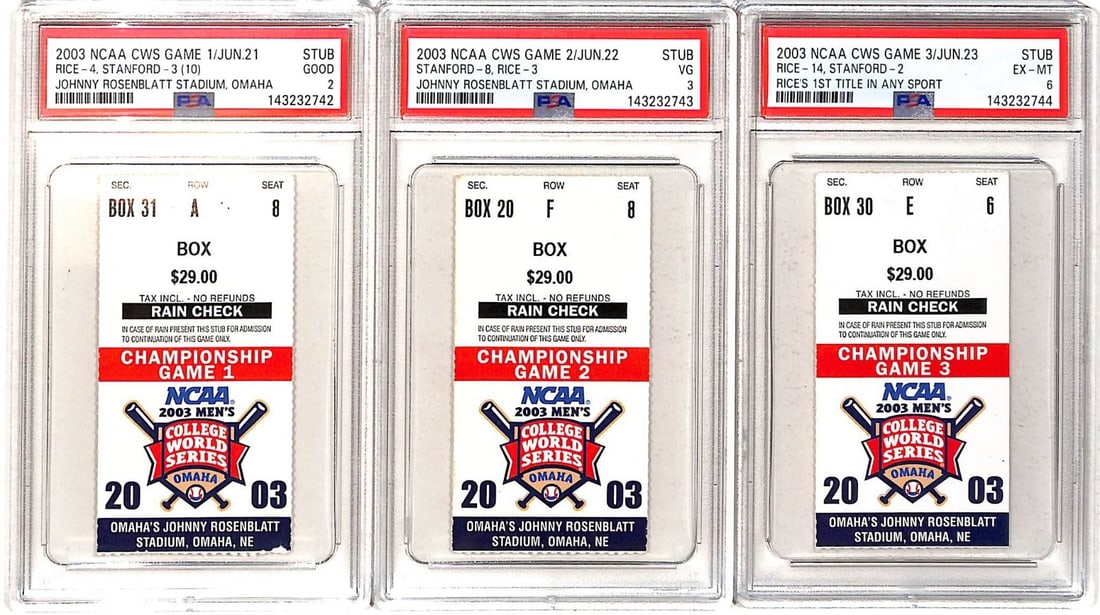 Set of 3 2003 College World Series Tickets Rice Defeats Stanford PSA: Set of 3 2003 College World Series Tickets Rice Defeats Stanford PSA This listing features three original tickets from the 2003 College World Series, commemorating the championship game where Rice Owl