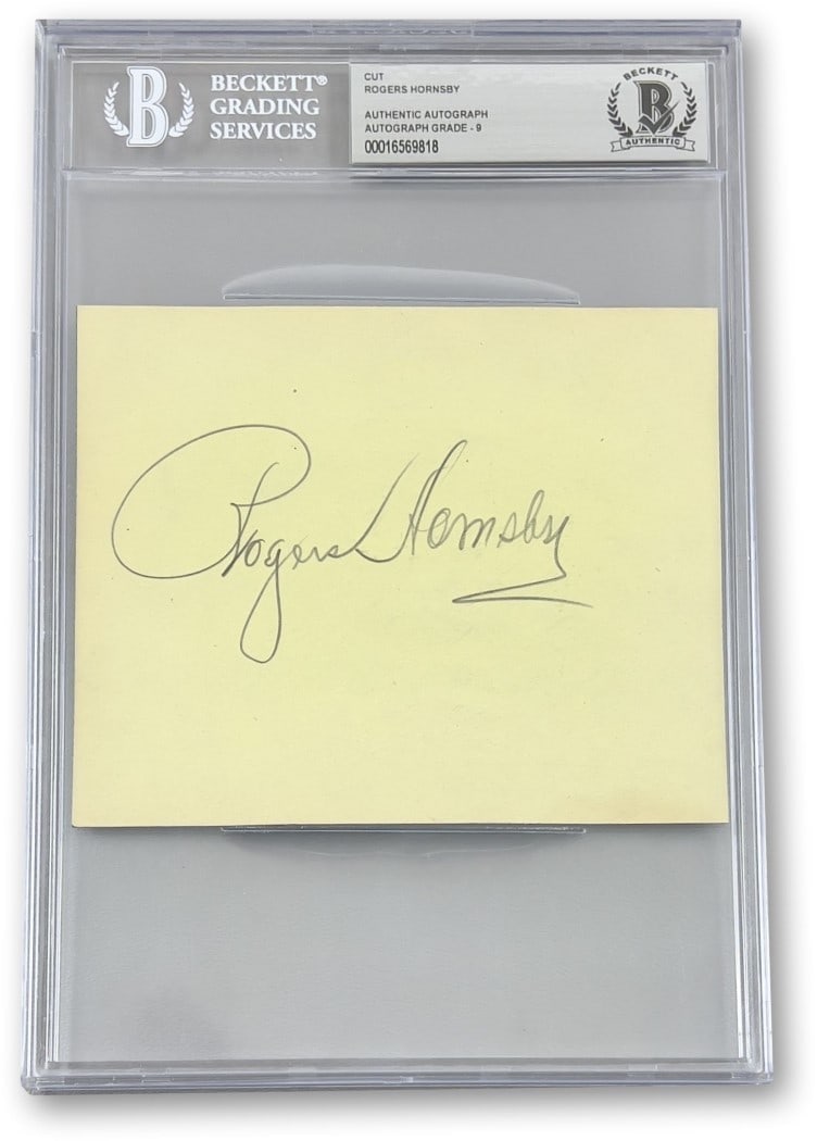 Rogers Hornsby Signed Cut Signature Beckett Authenticated 4.5 x 5.5: Rogers Hornsby Signed Cut Signature Beckett Authenticated 4.5 x 5.5 This is an original cut signature of baseball legend Rogers Hornsby, known for his remarkable career with the St. Louis Cardinals. T