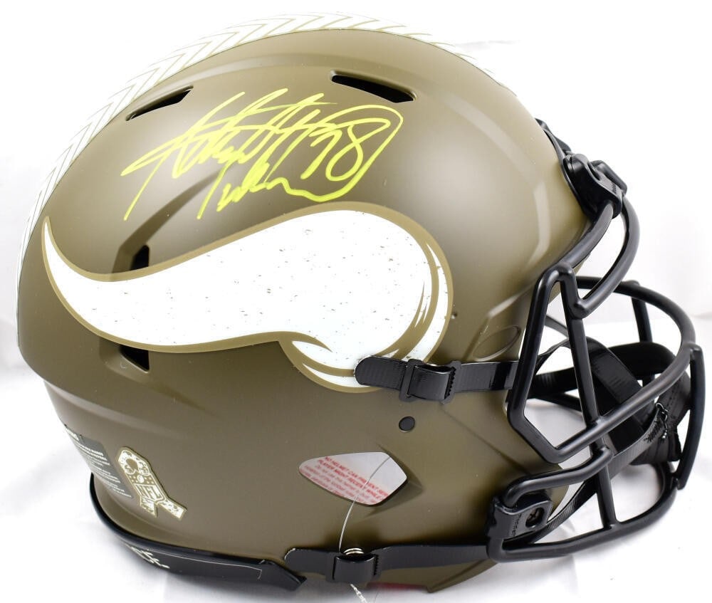 Adrian Peterson Signed Vikings Salute to Service Helmet Beckett Auth: Adrian Peterson Signed Vikings Salute to Service Helmet Beckett Auth Celebrate the legacy of Adrian Peterson with this signed Minnesota Vikings full-size Salute to Service speed helmet. This original