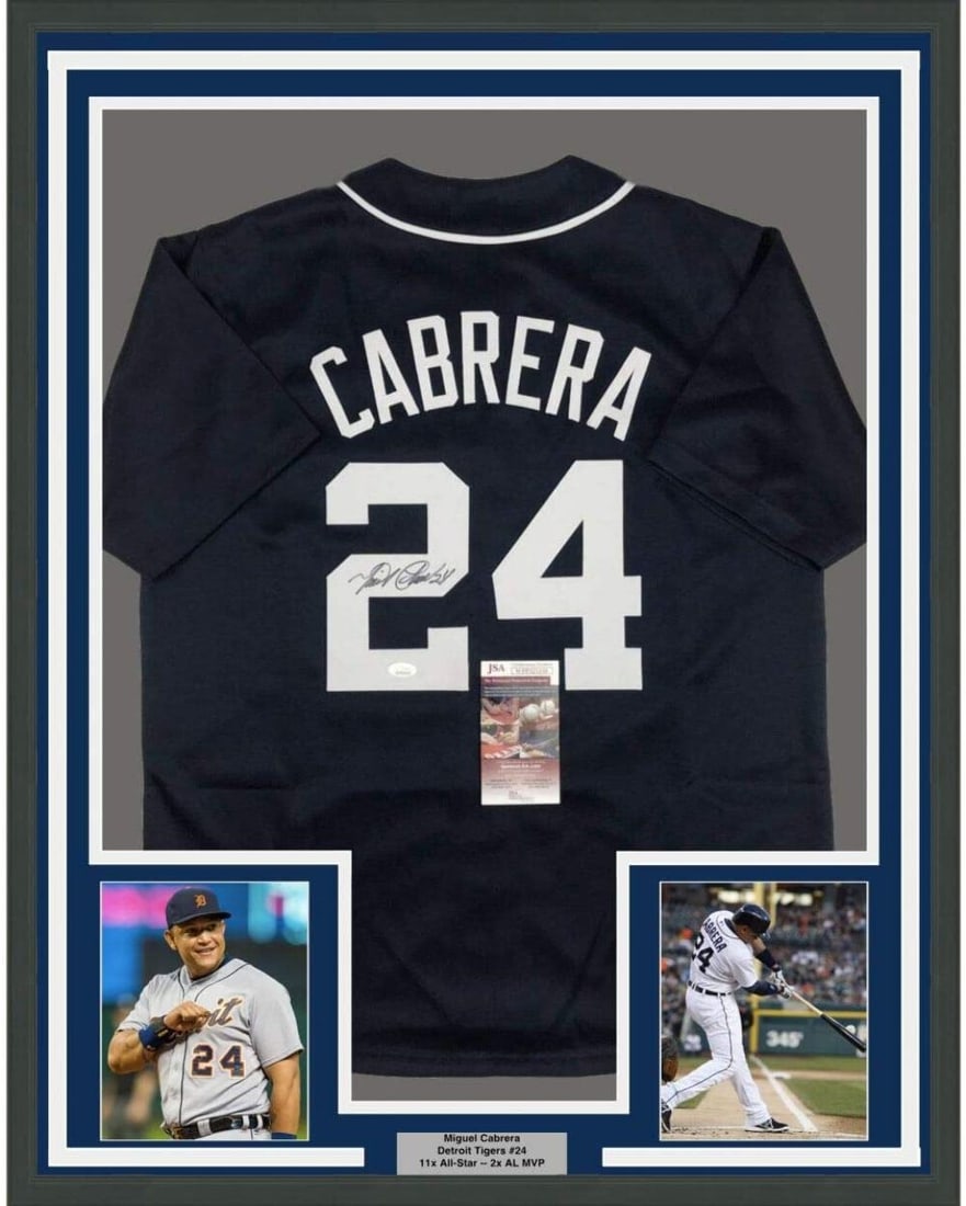 Framed Miguel Cabrera Autographed Detroit Tigers Jersey with JSA COA: Framed Miguel Cabrera Autographed Detroit Tigers Jersey with JSA COA Celebrate the legacy of MLB star Miguel Cabrera with this professionally framed autographed Detroit Tigers jersey. Measuring 33" x