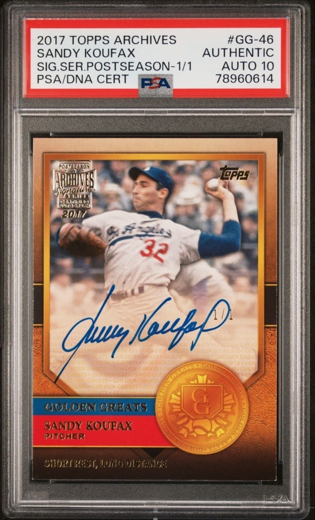 Sandy Koufax 2018 Topps Archives PSA 10 Postseason Baseball Card GG-46: Sandy Koufax 2018 Topps Archives PSA 10 Postseason Baseball Card GG-46 Celebrate the legacy of Sandy Koufax with this stunning 2018 Topps Archives Signature Series Postseason Baseball Card. Graded a p