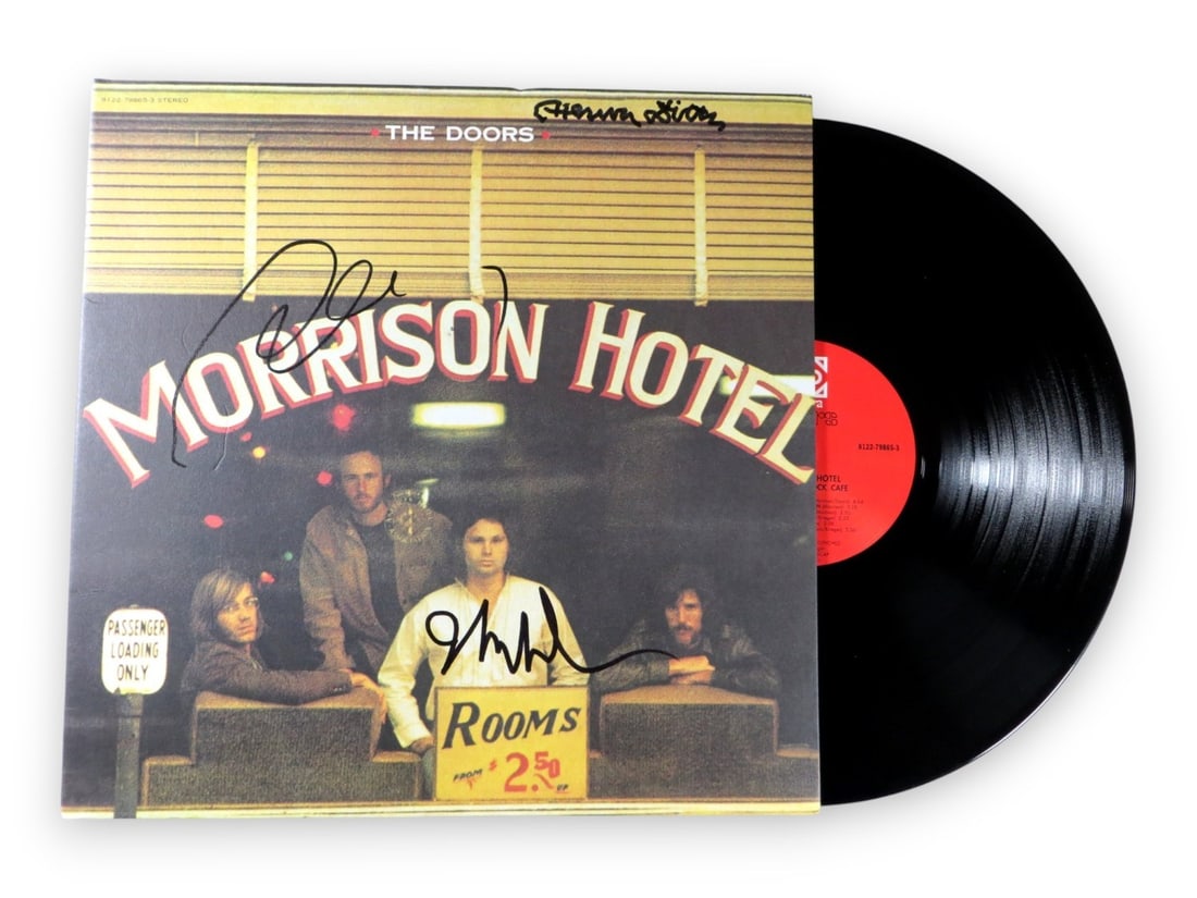 The Doors Multi Signed Album Cover Beckett Authenticated: The Doors Multi Signed Album Cover Beckett Authenticated This is an original multi-autographed album cover of The Doors, featuring signatures from Robby Krieger, John Densmore, and Henry Diltz. The al