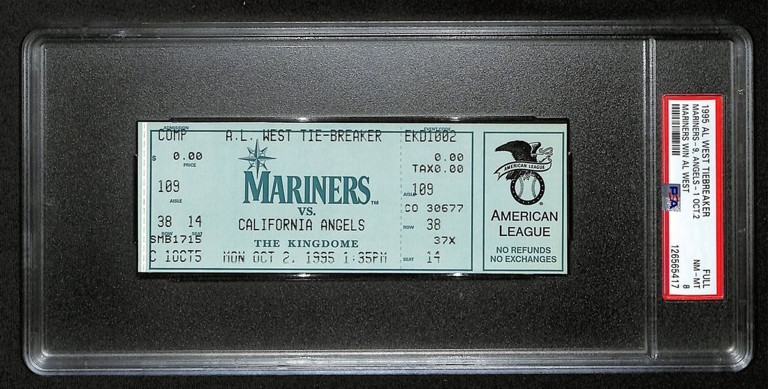 1995 Mariners vs Angels A.L. West Tie Breaker Ticket PSA NM-MT 8: 1995 Mariners vs Angels A.L. West Tie Breaker Ticket PSA NM-MT 8 This is an original full ticket from the historic October 2, 1995 A.L. West Tie Breaker game between the Seattle Mariners and the Los A