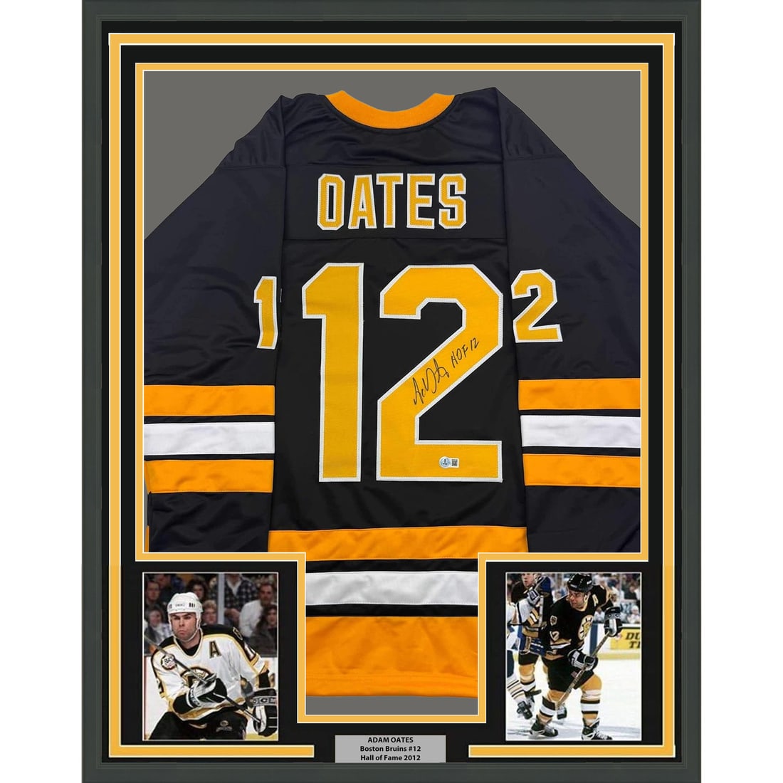 Framed Adam Oates Autographed Black Hockey Jersey with BAS COA 35x39: Framed Adam Oates Autographed Black Hockey Jersey with BAS COA 35x39 This framed and autographed Adam Oates black hockey jersey commemorates his Hall of Fame induction in 2012. Measuring 35x39 inches,
