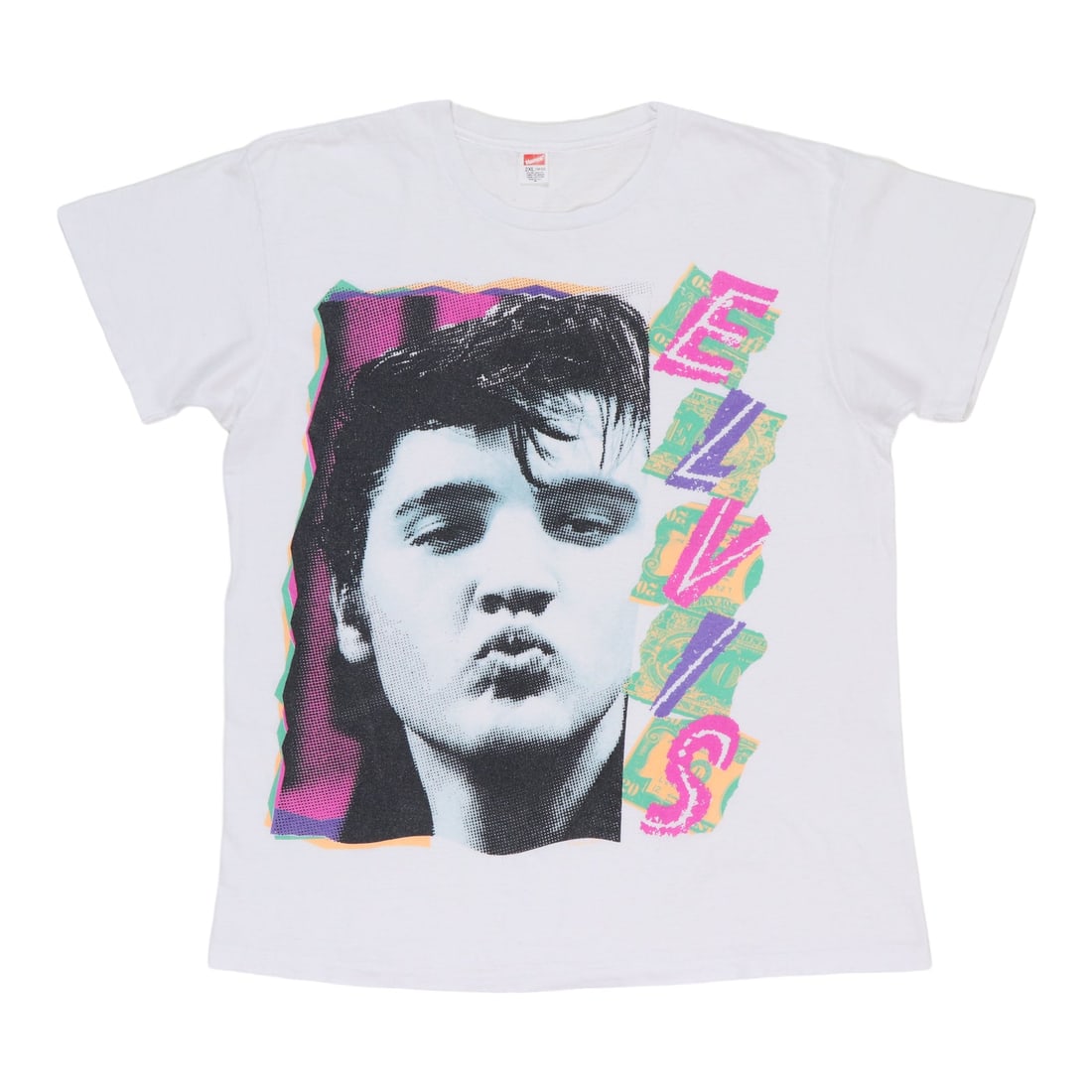 Vintage 1990 Elvis Presley Graphic Cotton Oversized White Shirt: Vintage 1990 Elvis Presley Graphic Cotton Oversized White Shirt This is an original vintage 1990 Elvis Presley oversize print shirt. It features a large front graphic of Elvis Presley and comes in a w