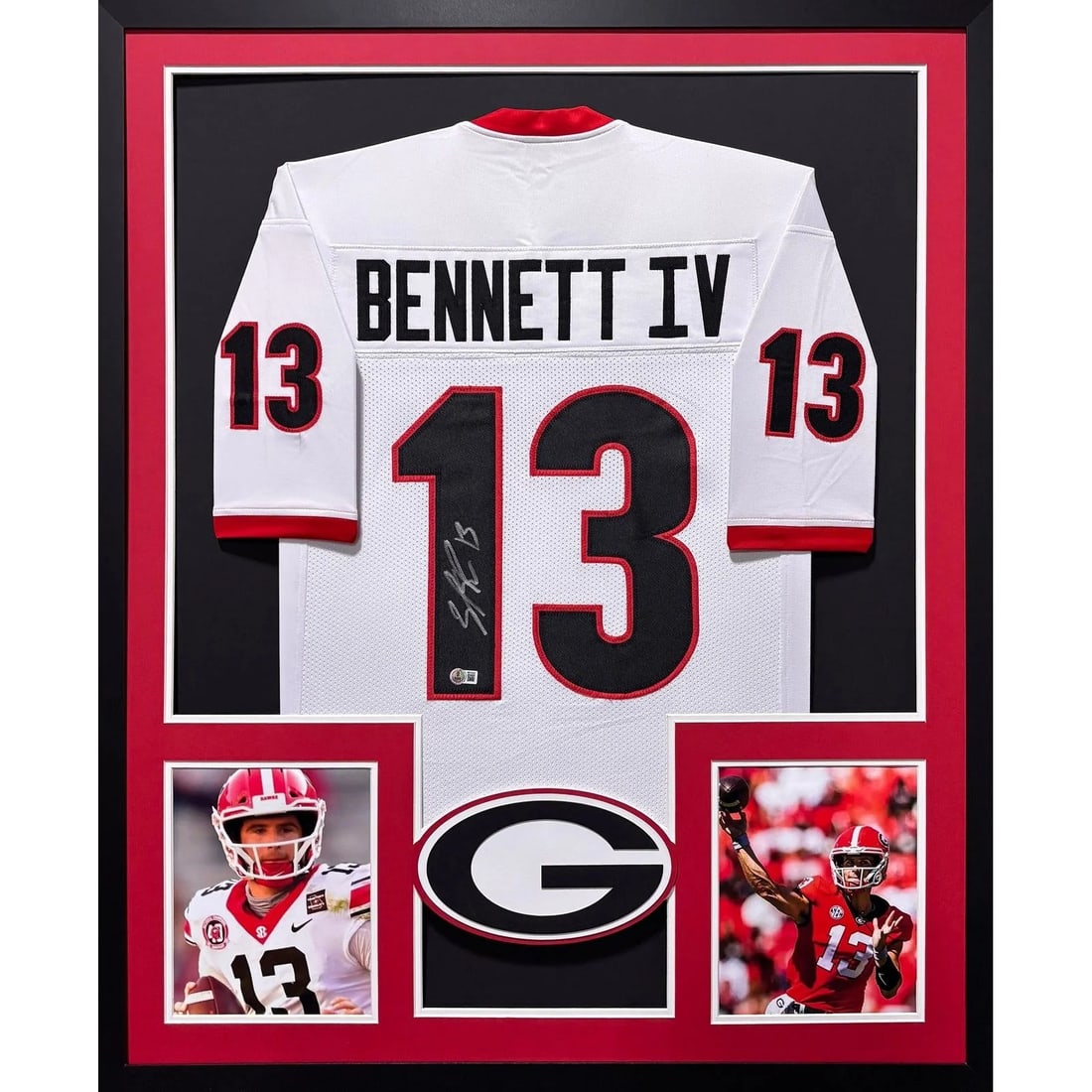 Framed Georgia White Jersey Signed by Stetson Bennett Beckett Authenticated: Framed Georgia White Jersey Signed by Stetson Bennett Beckett Authenticated This framed white Georgia jersey features an authentic autograph by Stetson Bennett. The jersey has been professionally auth