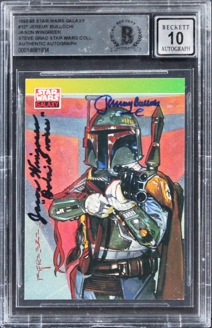 Pair of 1993 Star Wars Galaxy #127 Cards Signed by Bulloch and Wingreen BAS 10: Pair of 1993 Star Wars Galaxy #127 Cards Signed by Bulloch and Wingreen BAS 10 This 1993 Star Wars Galaxy #127 trading card features autographs from Jeremy Bulloch and Jason Wingreen, notable for thei