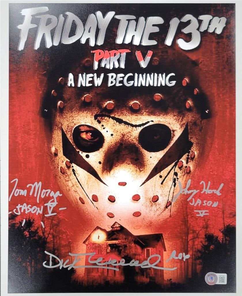 Friday the 13th Part V Signed 11x14 Photo by Morga Wieand Hock JSA: Friday the 13th Part V Signed 11x14 Photo by Morga Wieand Hock JSA This is an original 11x14 photograph from the movie 'Friday the 13th Part V: A New Beginning,' featuring the signatures of Tom Morga,