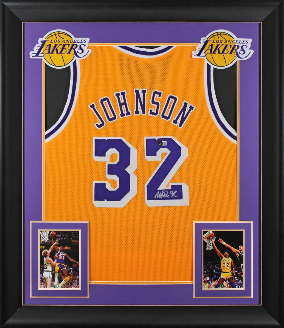 Magic Johnson Signed Yellow Framed Jersey Los Angeles Lakers BAS Authenticated (1 of 2)