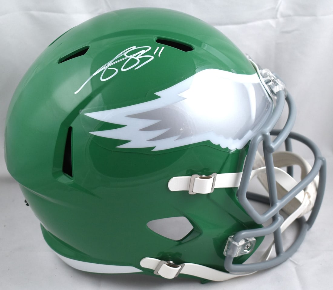 A.J. Brown Signed Philadelphia Eagles Speed Helmet Beckett Authentic: A.J. Brown Signed Philadelphia Eagles Speed Helmet Beckett Authentic This is an original A.J. Brown autographed full-size alternate 2023 speed helmet, representing the Philadelphia Eagles. The helmet