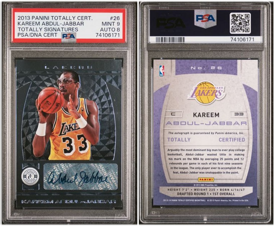 Kareem Abdul-Jabbar 2013 Panini Totally Certified Auto PSA 9/8: Kareem Abdul-Jabbar 2013 Panini Totally Certified Auto PSA 9/8 This collectible card features Kareem Abdul-Jabbar from the 2013 Panini Totally Certified series. Graded PSA 9 for the card and PSA 8 for