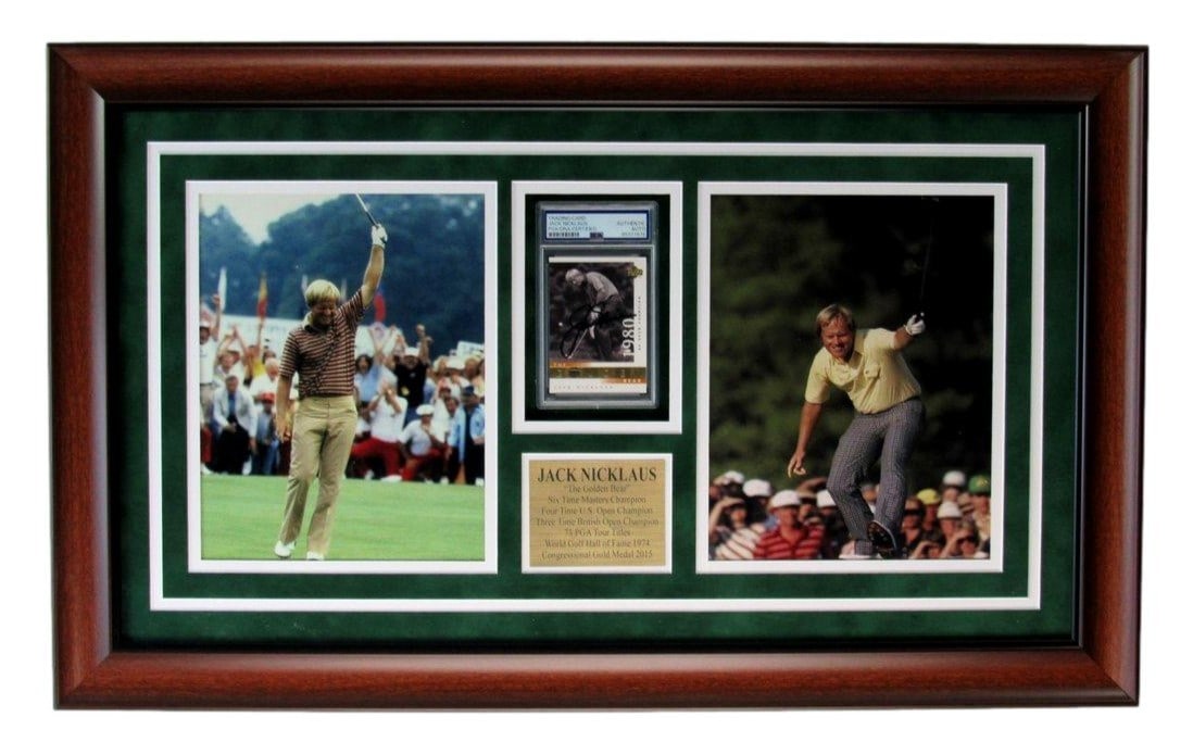 Framed Jack Nicklaus PSA DNA Autographed Trading Card and Two 8x10 Photos: Framed Jack Nicklaus PSA DNA Autographed Trading Card and Two 8x10 Photos This is a beautifully framed Jack Nicklaus signed trading card, accompanied by two 8x10 photos, making it a perfect collectibl