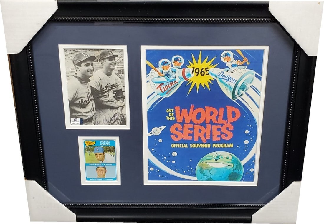 Sandy Koufax Don Drysdale Dual Signed Framed Photo with 1965 Replica: Sandy Koufax Don Drysdale Dual Signed Framed Photo with 1965 Replica This remarkable piece features a dual-signed 4x6 photo of legendary Los Angeles Dodgers players Sandy Koufax and Don Drysdale, expe