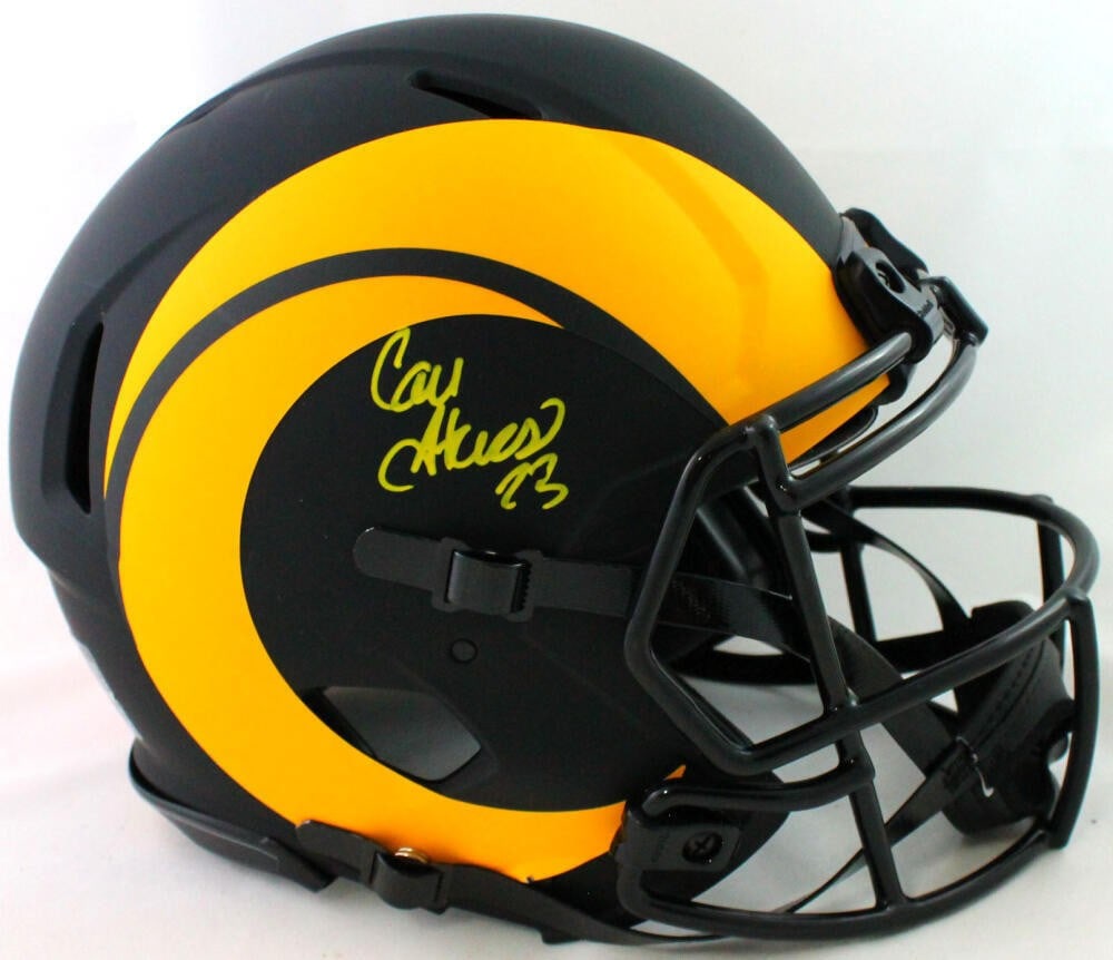 Cam Akers Signed LA Rams Eclipse Speed Helmet Beckett Authenticated: Cam Akers Signed LA Rams Eclipse Speed Helmet Beckett Authenticated This authentic Eclipse Speed full-size helmet features the signature of Cam Akers, a player of the Los Angeles Rams. This item is or