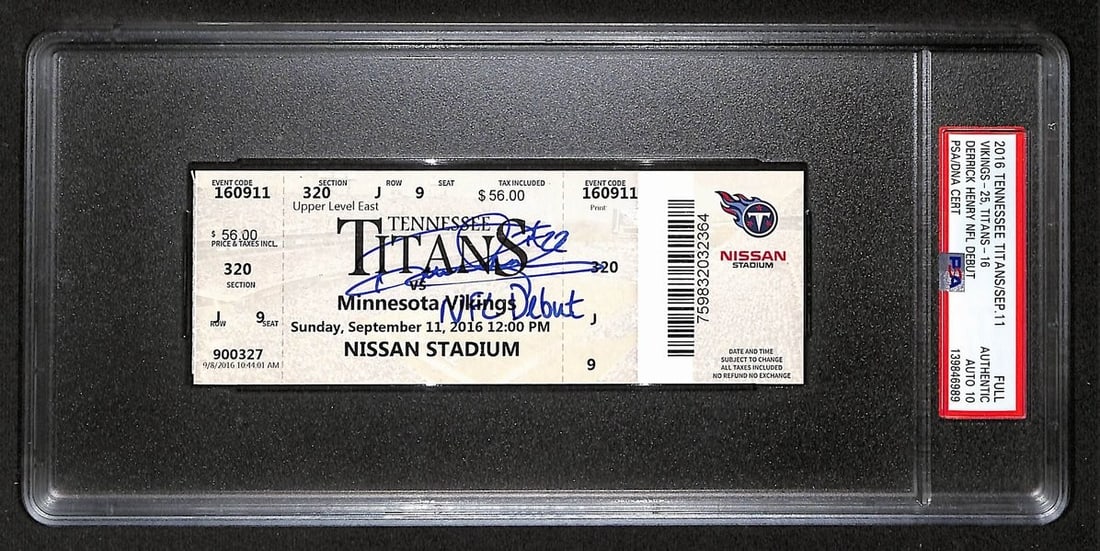 Derrick Henry Autographed Full NFL Debut Ticket With Inscription PSA DNA Auto 10: Derrick Henry Autographed Full NFL Debut Ticket With Inscription PSA DNA Auto 10 This is an original full ticket from Derrick Henry's NFL debut on September 11, 2016, featuring the Tennessee Titans vs