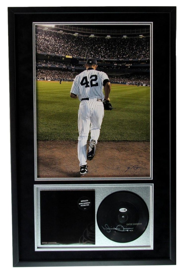Framed Mariano Rivera Signed Enter Sandman Disc and Photo Collage JSA Authenticated: Framed Mariano Rivera Signed Enter Sandman Disc and Photo Collage JSA Authenticated This framed display features a Mariano Rivera autographed "Enter Sandman" picture disc, accompanied by a complementa