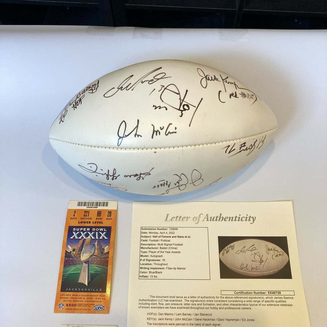 2005 Super Bowl Signed Football with 16 Signatures JSA Certified: 2005 Super Bowl Signed Football with 16 Signatures JSA Certified This remarkable 2005 Super Bowl signed football features a prestigious collection of 16 signatures from notable attendees, including NF