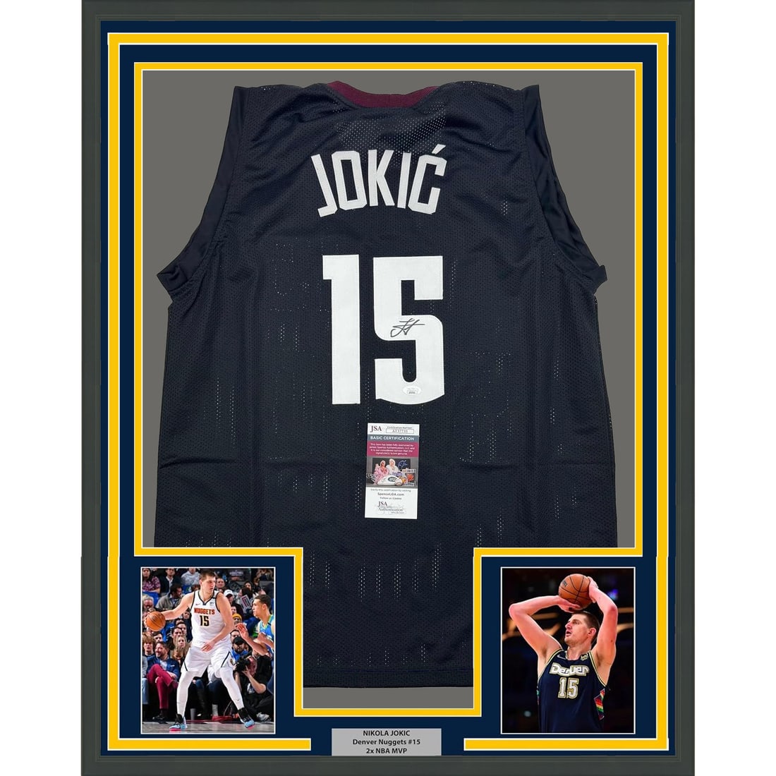Framed Autographed Nikola Jokic Denver Nuggets Jersey 35x39 JSA COA: Framed Autographed Nikola Jokic Denver Nuggets Jersey 35x39 JSA COA Celebrate your love for basketball with this professionally framed and autographed Nikola Jokic jersey. This stunning display featur