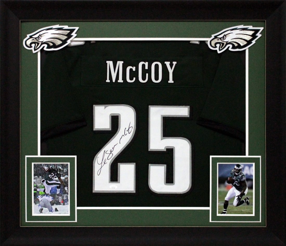 Framed Green Pro Style Jersey Signed by LeSean McCoy JSA Authenticated: Framed Green Pro Style Jersey Signed by LeSean McCoy JSA Authenticated This framed Green Pro Style jersey has been personally signed by LeSean McCoy of the Philadelphia Eagles. The autograph is authen
