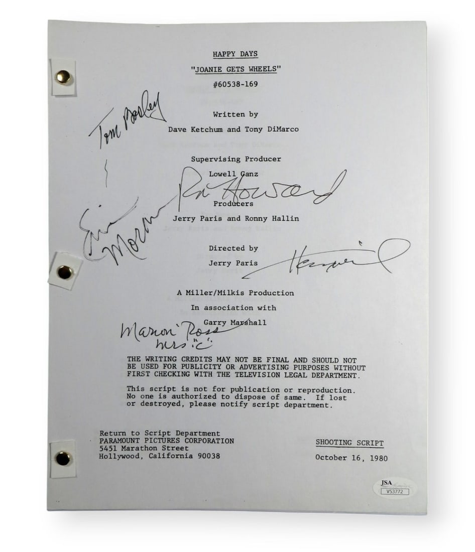 Happy Days Autographed Script by Howard Winkler Moran Ross Bosley JSA: Happy Days Autographed Script by Howard Winkler Moran Ross Bosley JSA This is an original autographed script from the beloved TV show "Happy Days," featuring signatures from key cast members: Ron Howa