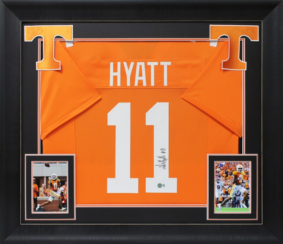 Jalin Hyatt Signed Tennessee Volunteers Framed Jersey with BAS Authentication: Jalin Hyatt Signed Tennessee Volunteers Framed Jersey with BAS Authentication Celebrate your team spirit with this authentic, signed orange pro-style framed jersey of Jalin Hyatt, a standout player fo