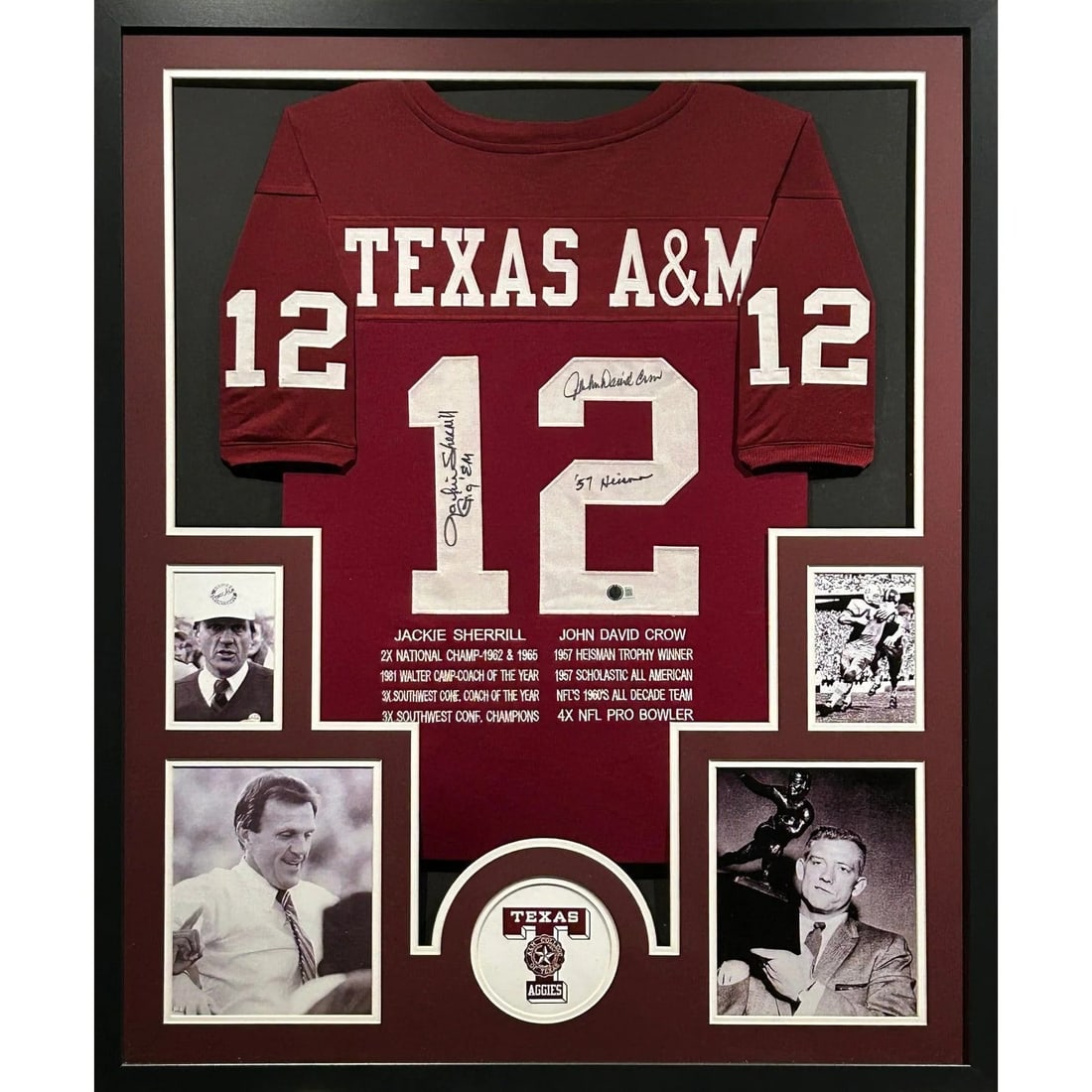 Jackie Sherrill John Crow Signed Framed Jersey Beckett Authenticated: Jackie Sherrill John Crow Signed Framed Jersey Beckett Authenticated This autographed framed jersey features the signatures of Jackie Sherrill and John Crow, both Texas A&M legends. The jersey is auth