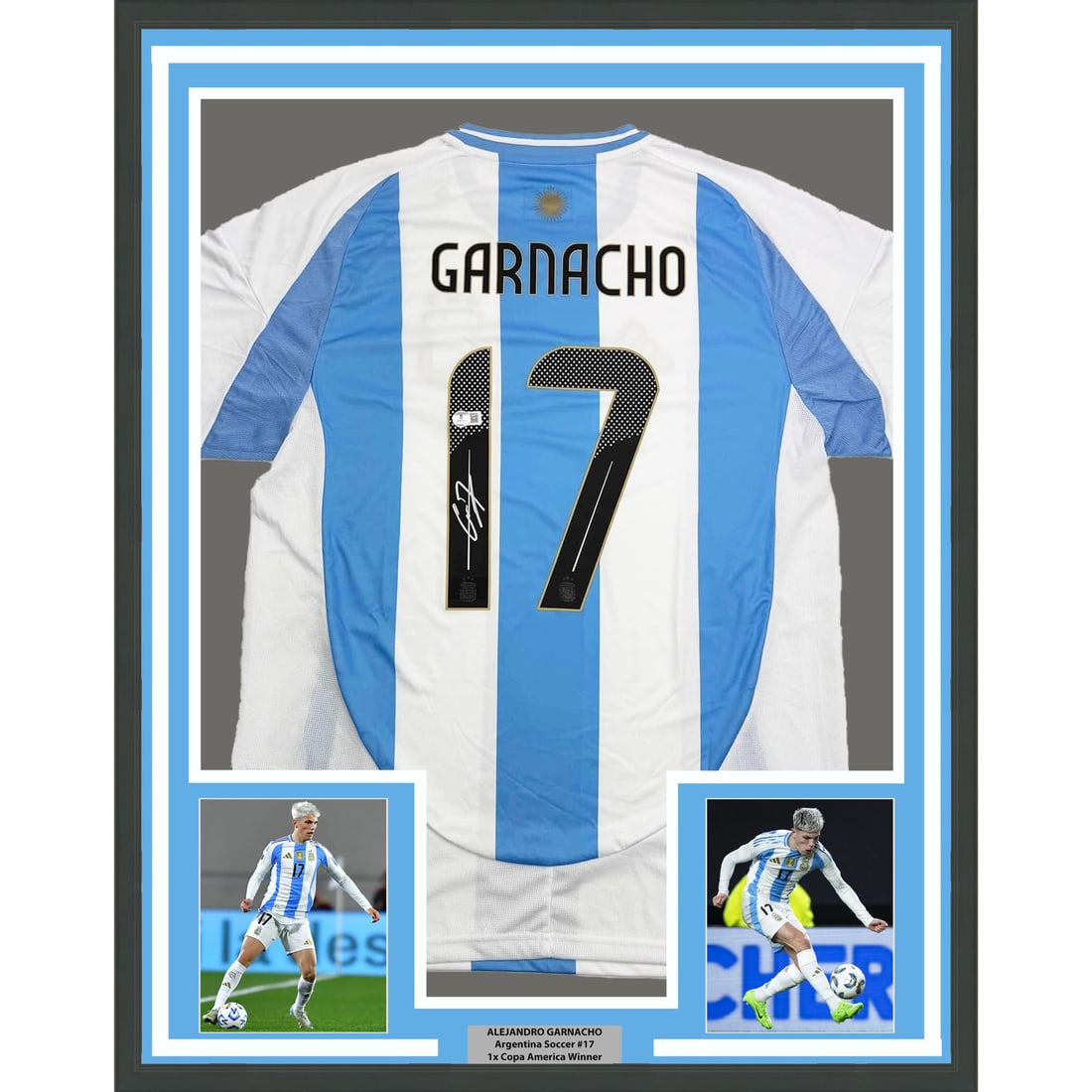 Framed Alejandro Garnacho Autographed Argentina Jersey with BAS COA: Framed Alejandro Garnacho Autographed Argentina Jersey with BAS COA Showcase your passion for soccer with this professionally framed autographed Alejandro Garnacho jersey, measuring 35x39 inches. This