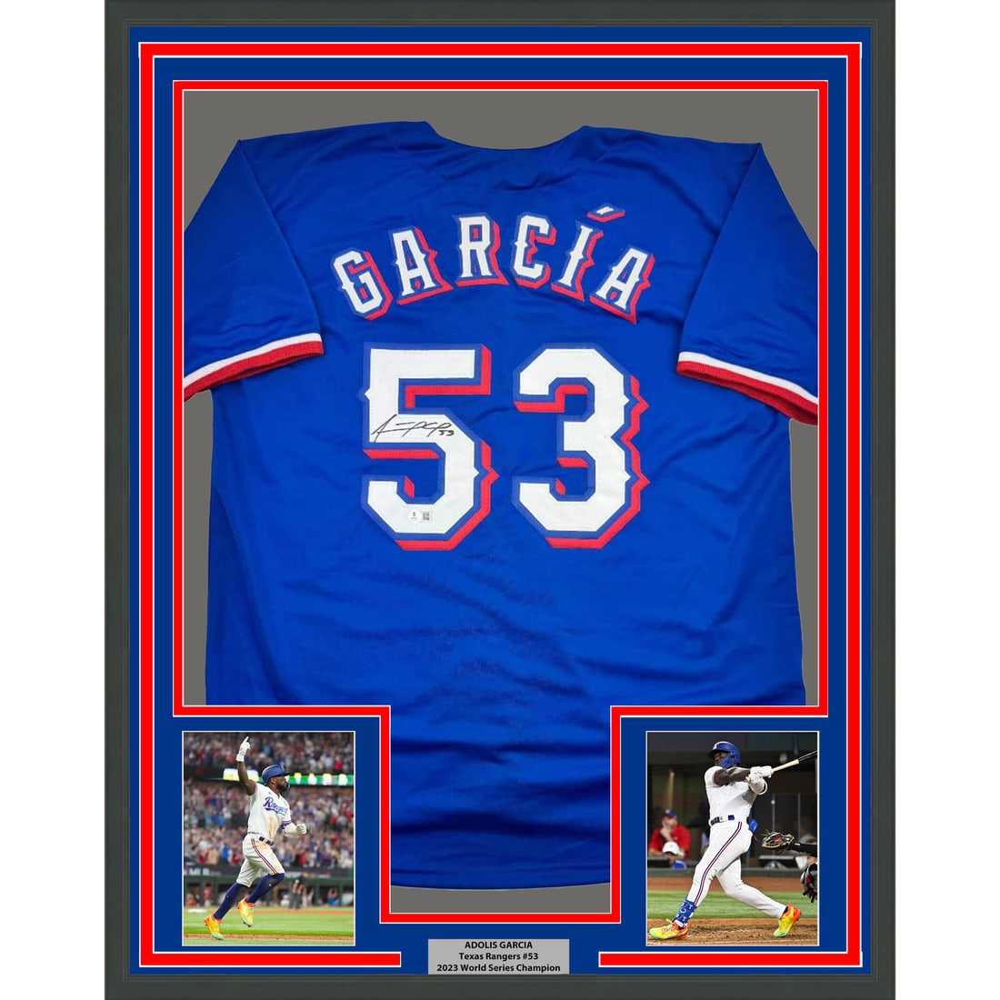 Framed Adolis Garcia Autographed Texas Rangers Jersey BAS COA 35x39: Framed Adolis Garcia Autographed Texas Rangers Jersey BAS COA 35x39 Celebrate your passion for baseball with this professionally framed and autographed Adolis Garcia Texas Rangers jersey. This strikin