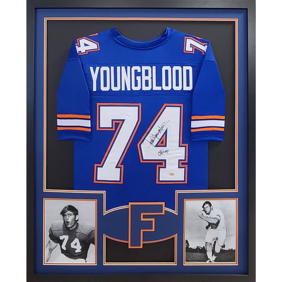 Jack Youngblood Signed Florida Gators Framed Jersey Authenticated by Schwartz: Jack Youngblood Signed Florida Gators Framed Jersey Authenticated by Schwartz This is a framed, autographed jersey of Jack Youngblood, featuring the iconic Florida Gators logo. The jersey comes with a