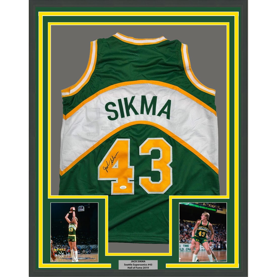 Jack Sikma Signed Seattle SuperSonics Green Jersey Framed with JSA Authentication: Jack Sikma Signed Seattle SuperSonics Green Jersey Framed with JSA Authentication This professionally framed and matted display features an autographed Seattle SuperSonics green jersey signed by Jack